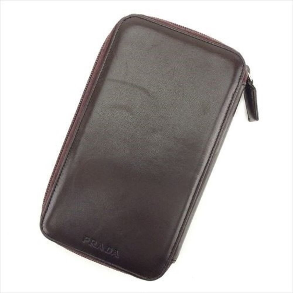 Prada Wallet Purse Logo Brown Silver leather Woman Authentic Used T9103